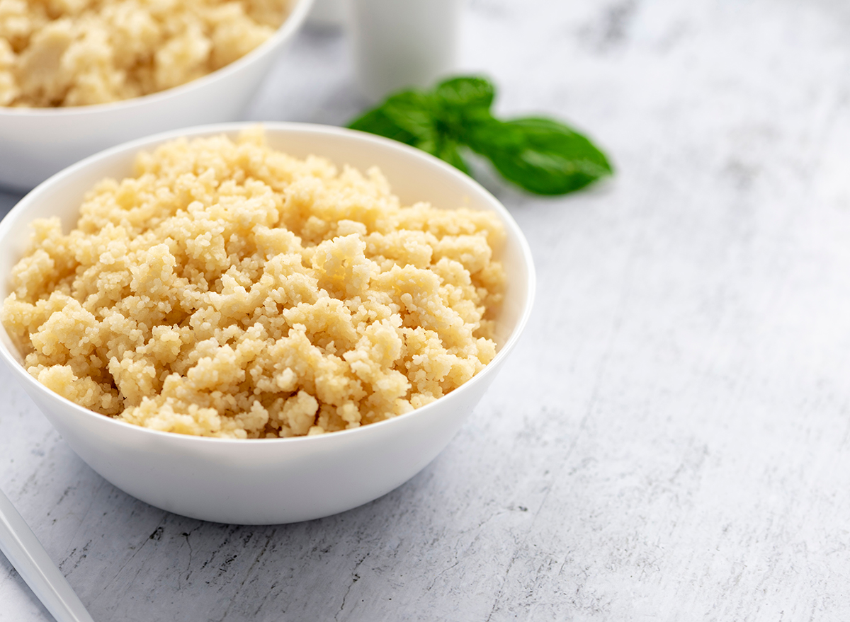 couscous cooked in white ceramic bowl