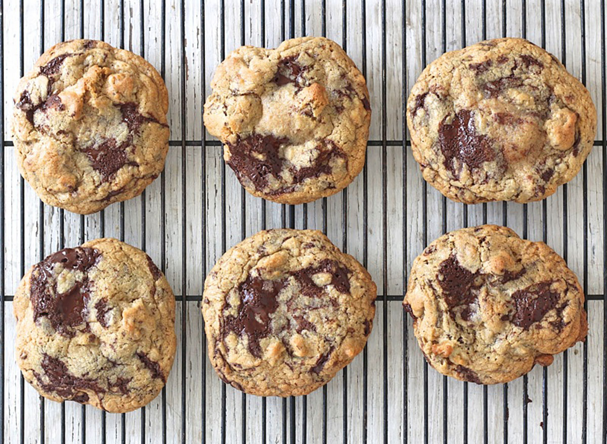 dark chocolate walnut cookies on cooling rack