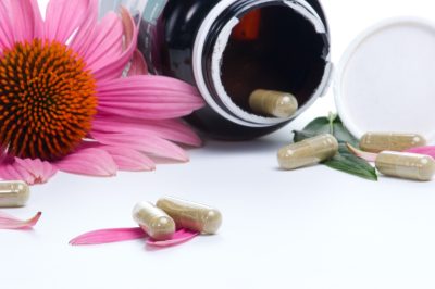 Echinacea extract pills and fresh Echinacea flowers