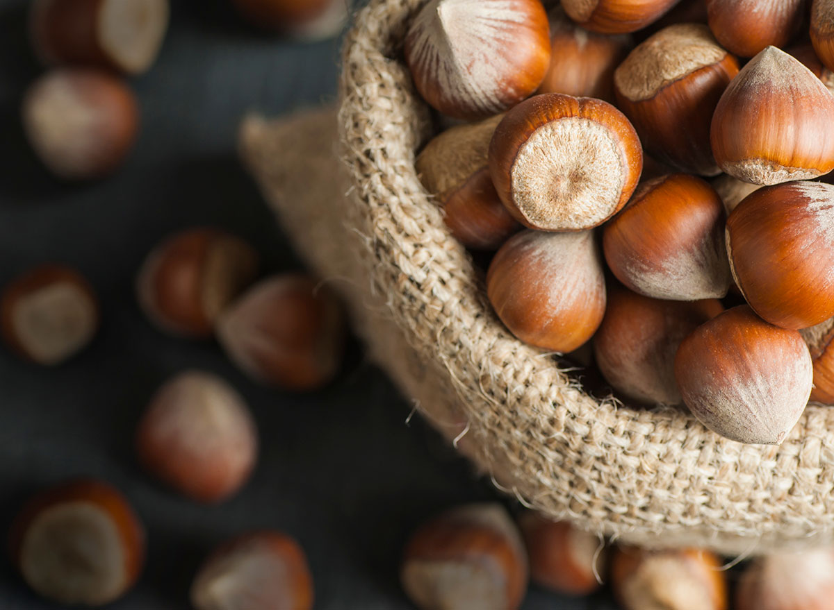 hazelnuts in burlap container