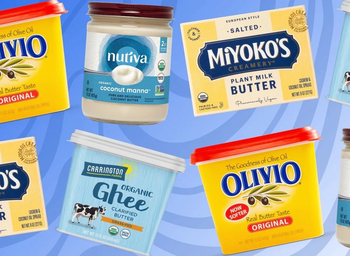 containers of butter substitutes on a blue background