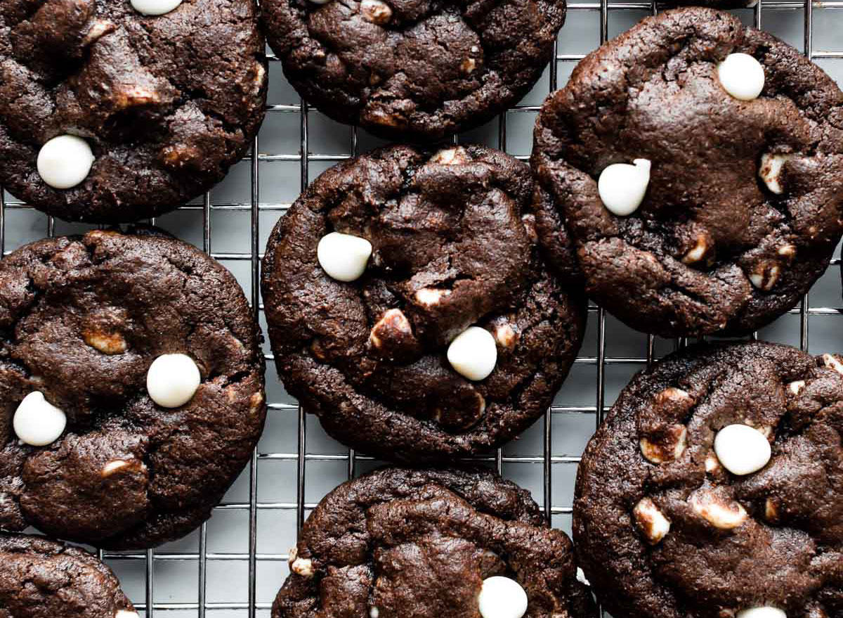 inside out chocolate chip cookies on cooling rack