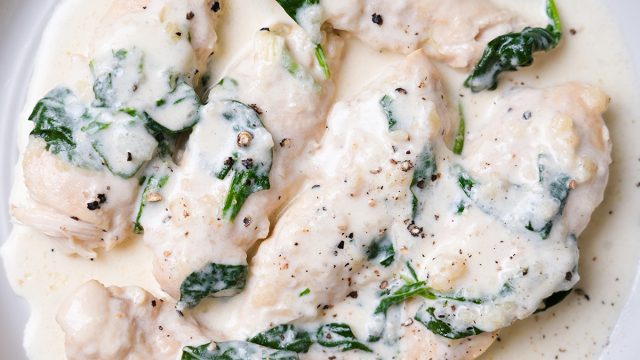 creamy chicken with spinach and cracked black pepper from an instant pot