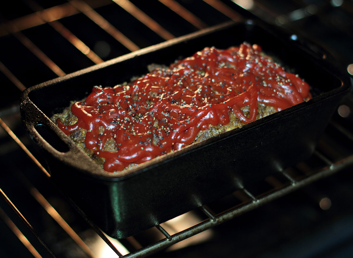 meatloaf in baking tray in oven