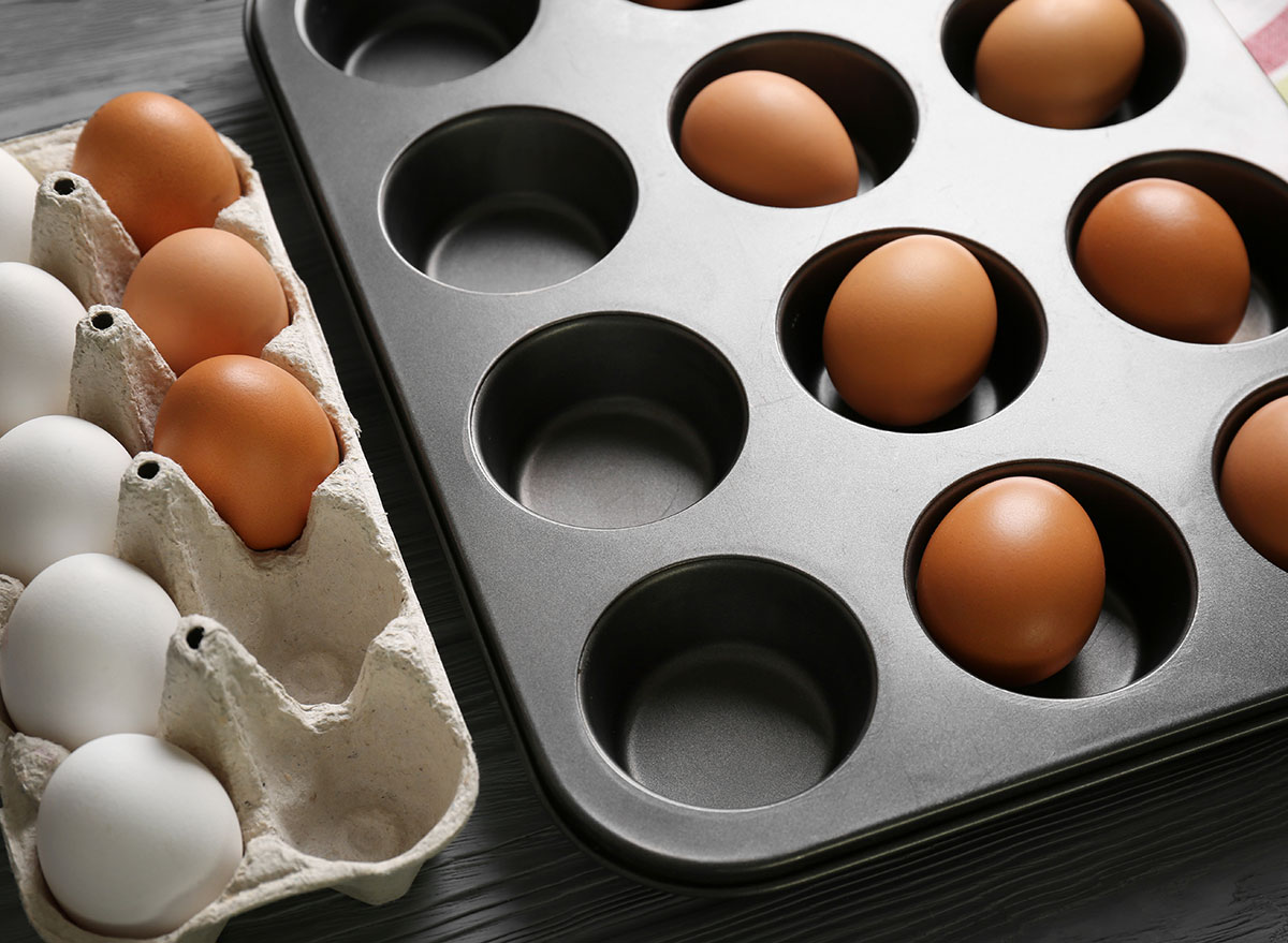 muffin tin with hardboiled eggs