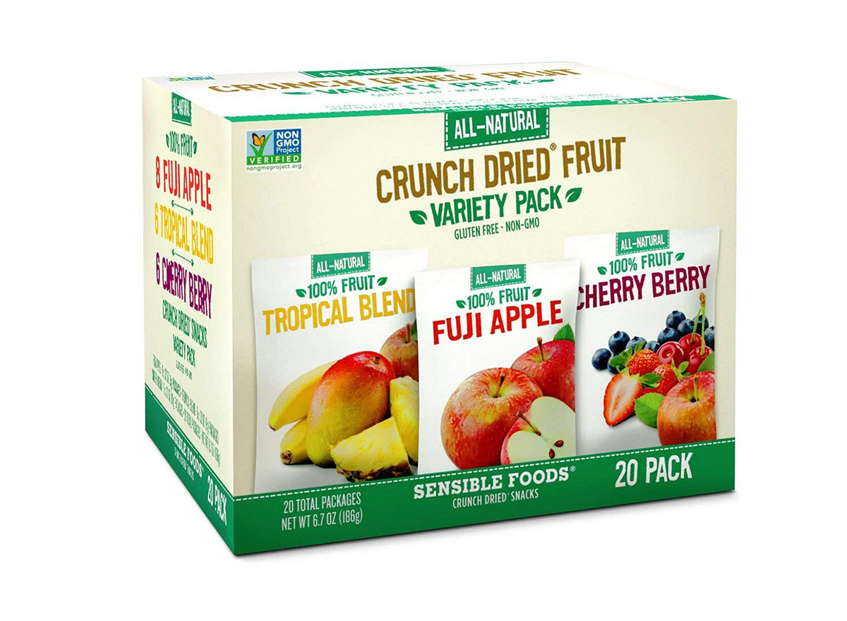 box of sensible foods crunch dried fruit snack packs