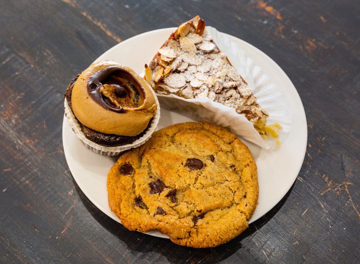 Chocolate chip cookie, muffin, and pie