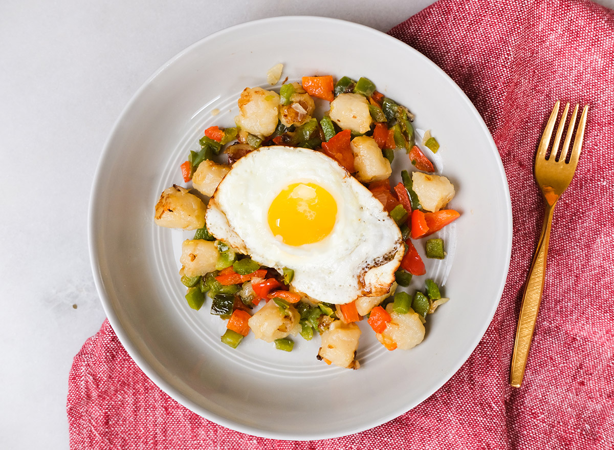 gnocchi breakfast hash with a fried egg