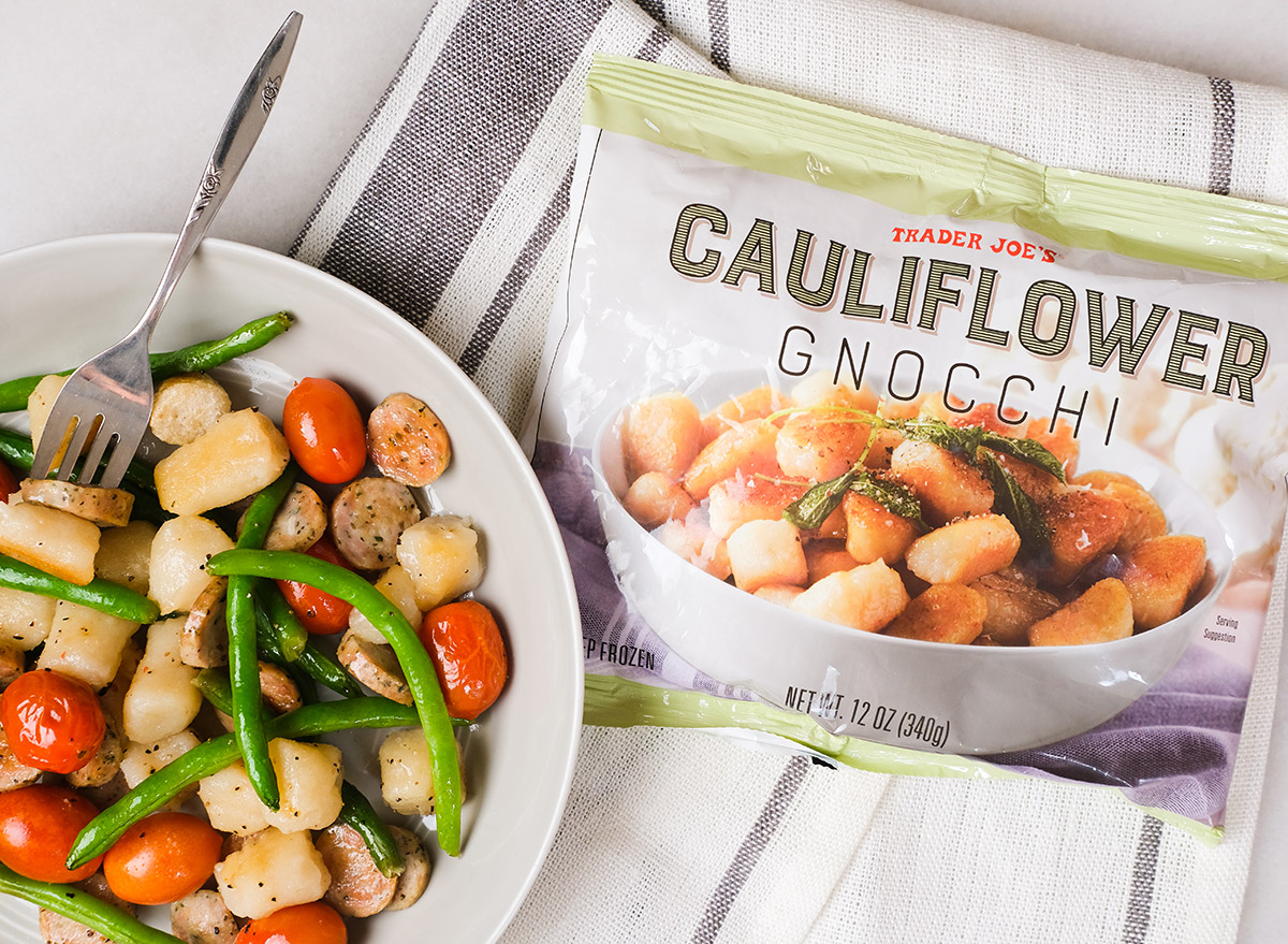 bag of trader joes cauliflower gnocchi with cooked meal with gnocchi