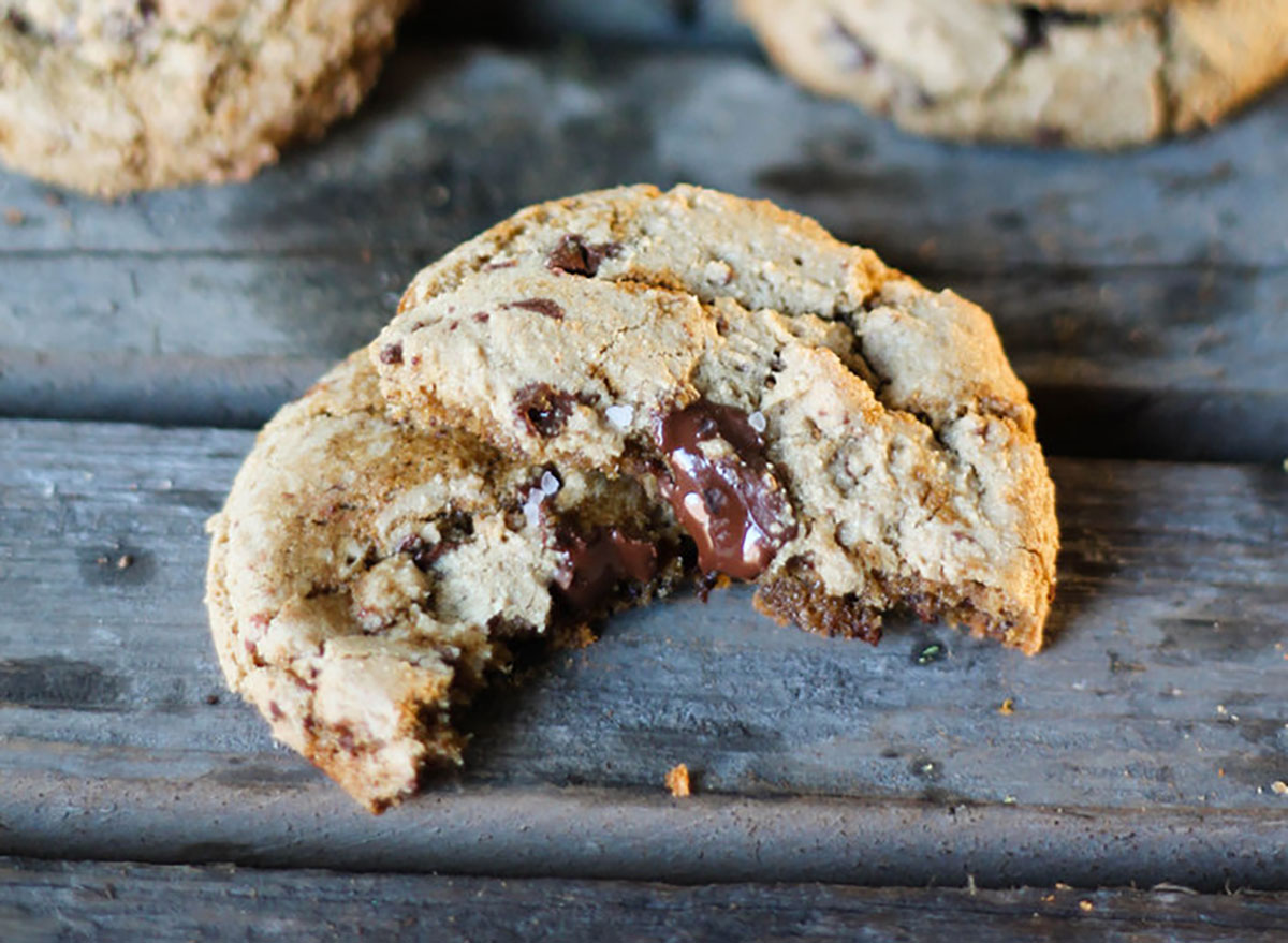 whole wheat olive oil chocolate chip cookie with bite