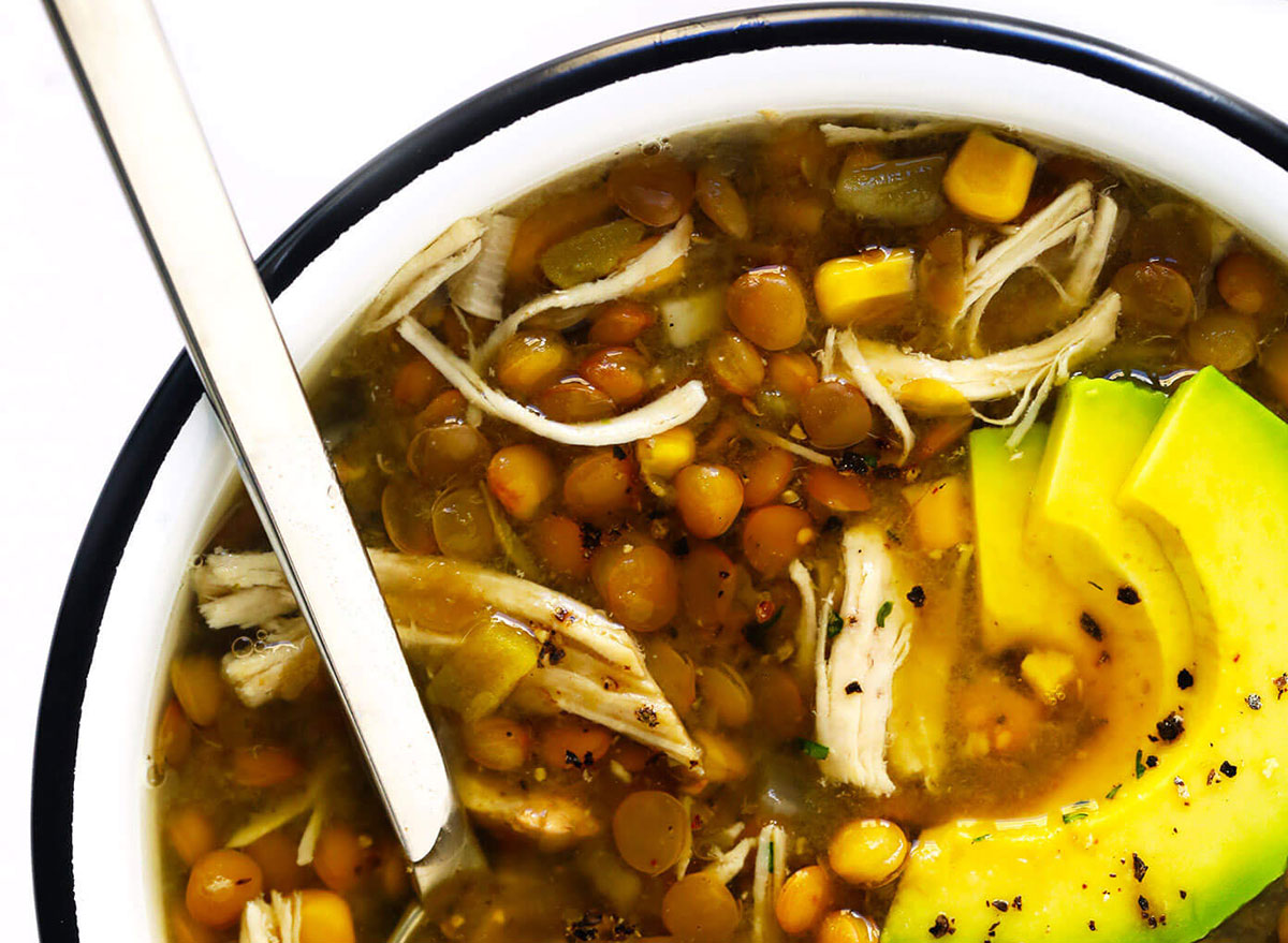Mexican chicken lentil soup recipe from Gimme Some Oven