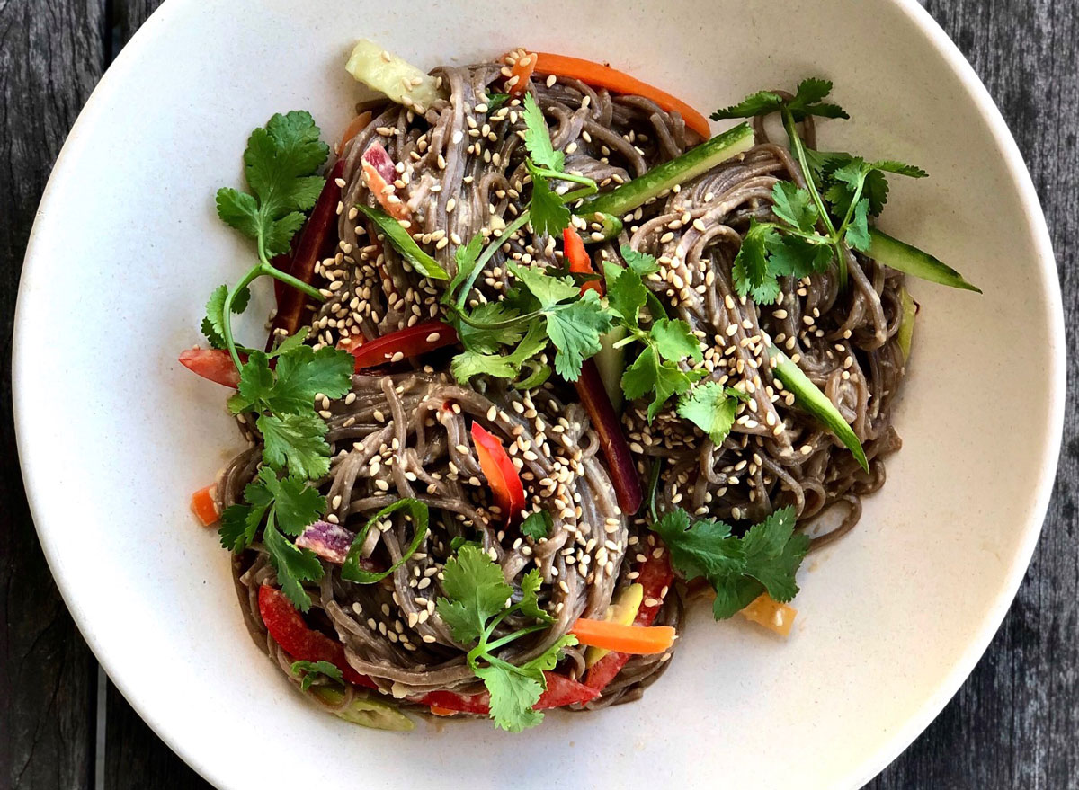 Asian style cold tahini soba noodles