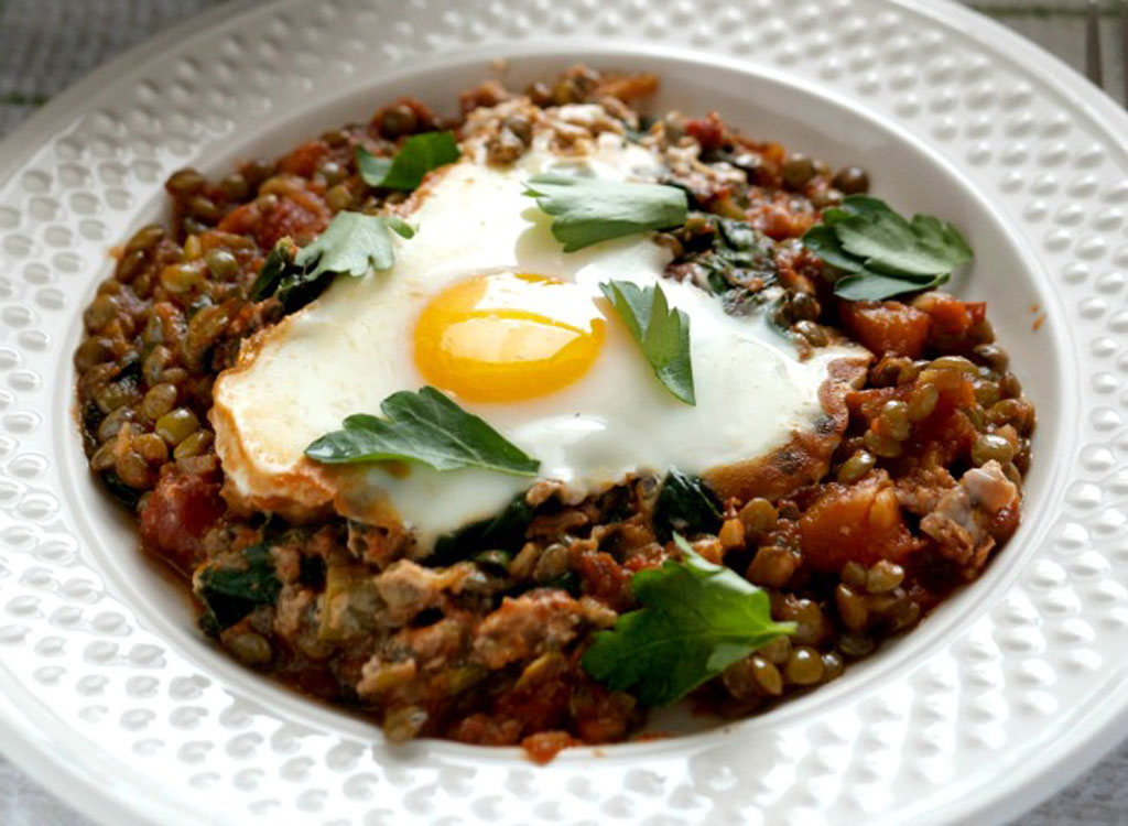 Baked Eggs In Tomatoes With Lentils And Whipped Goat Cheese