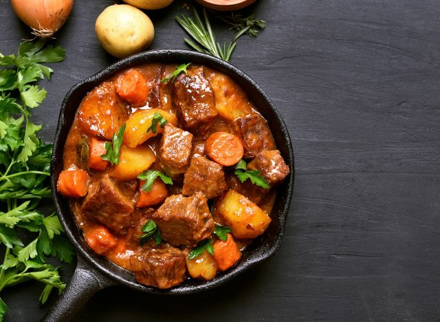 cast iron pan of beef stew