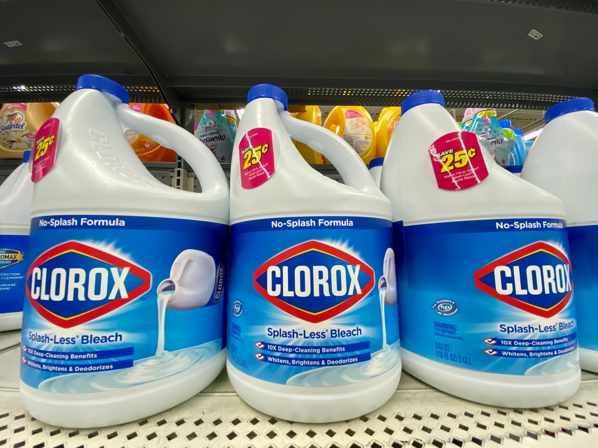 Close up of Clorox bleach containers with the new splash-less necks