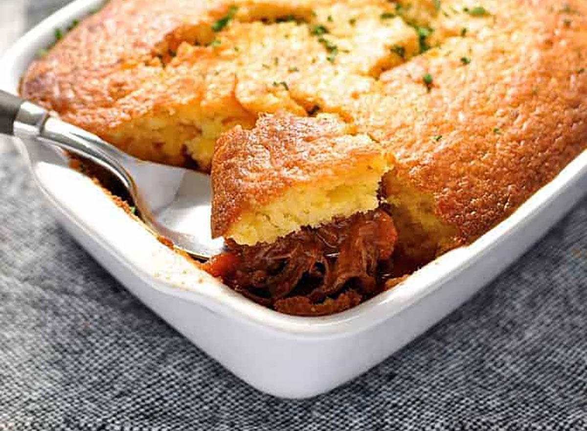 chili con carne bread pudding in casserole dish