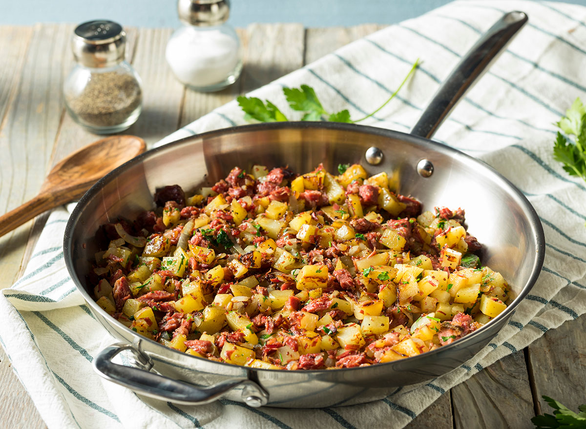 skillet of corned beef hash and potatoes
