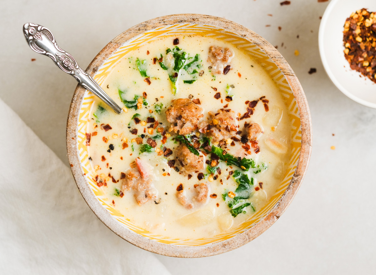 Instant jar zuppa toscana in bowl with red chili flakes