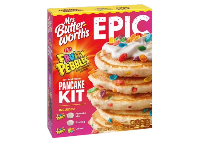 mrs butterworth's epic fruity pebbles pancake kit