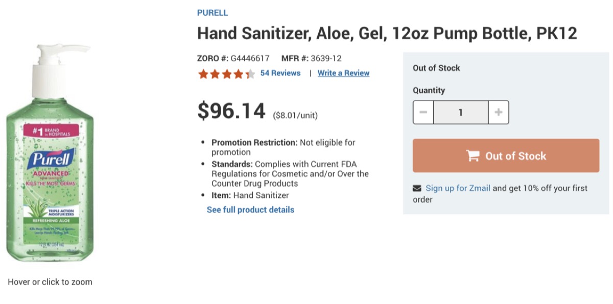 Website selling Sanitizer for $96.14
