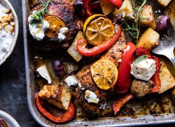 Chicken souvlaki and potatoes