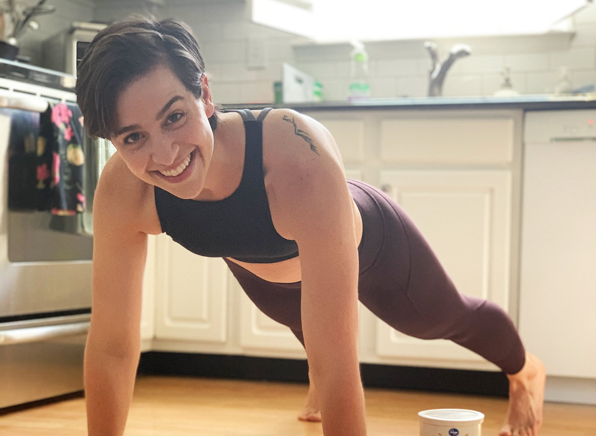 doing a plank in the kitchen