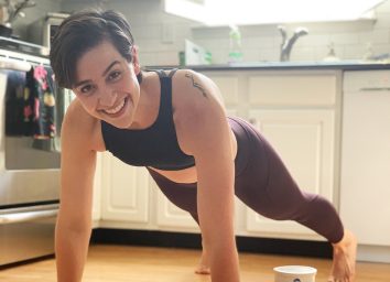 doing a plank in the kitchen