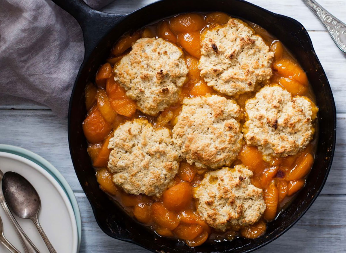 apricot cobbler in cast iron pan