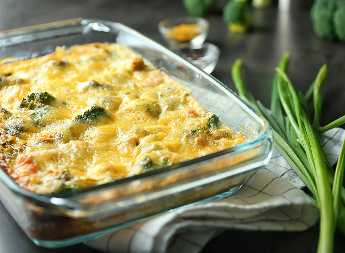 broccoli casserole in glass baking dish