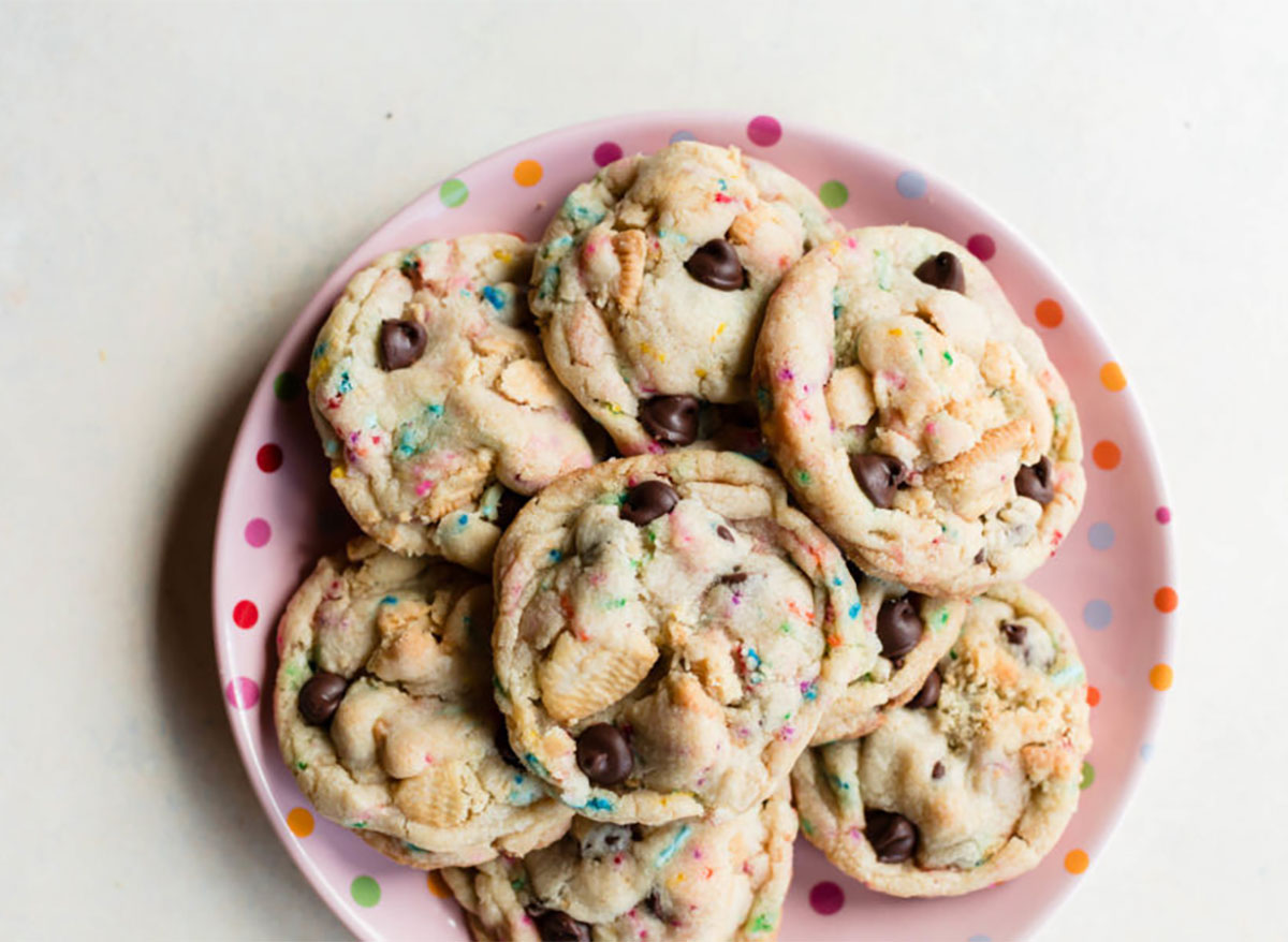 cake batter oreo chocolate chip cookies on pink plate