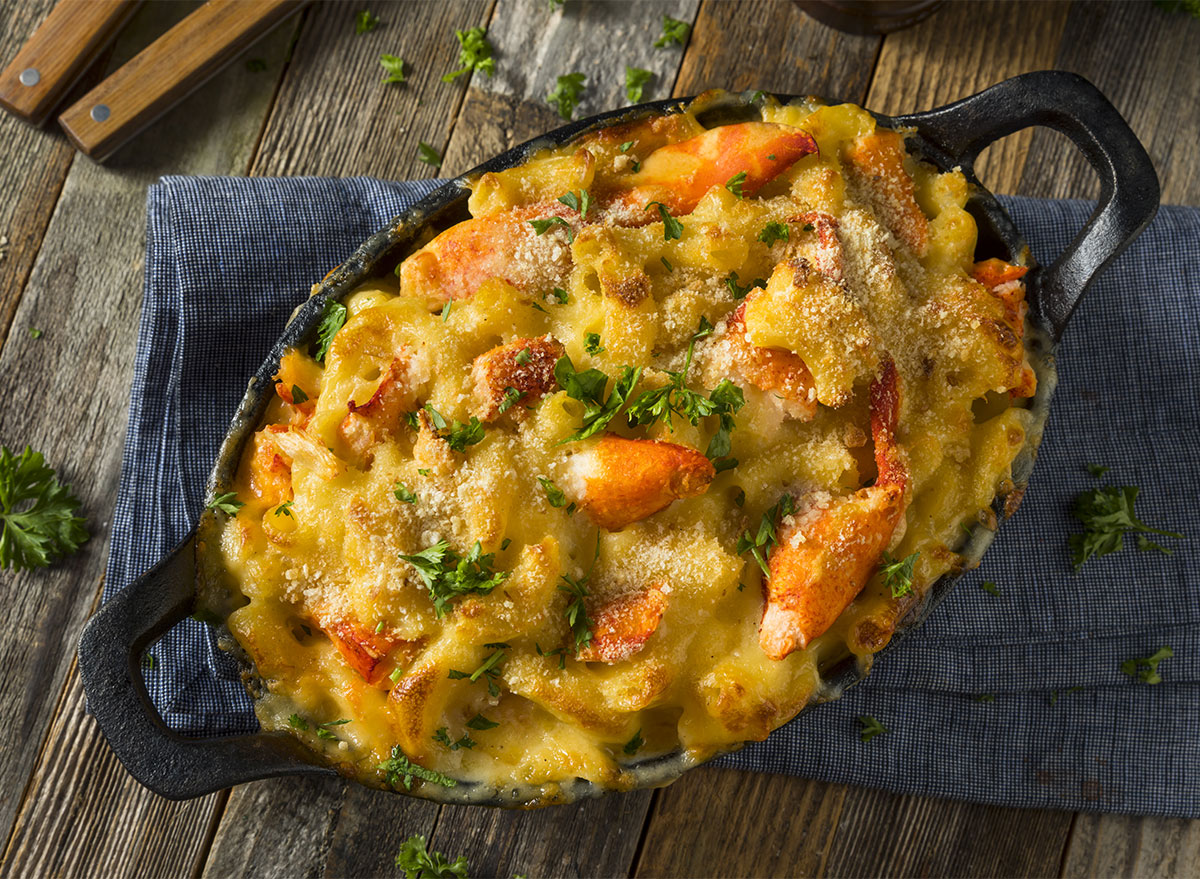 lobster mac and cheese in baking dish