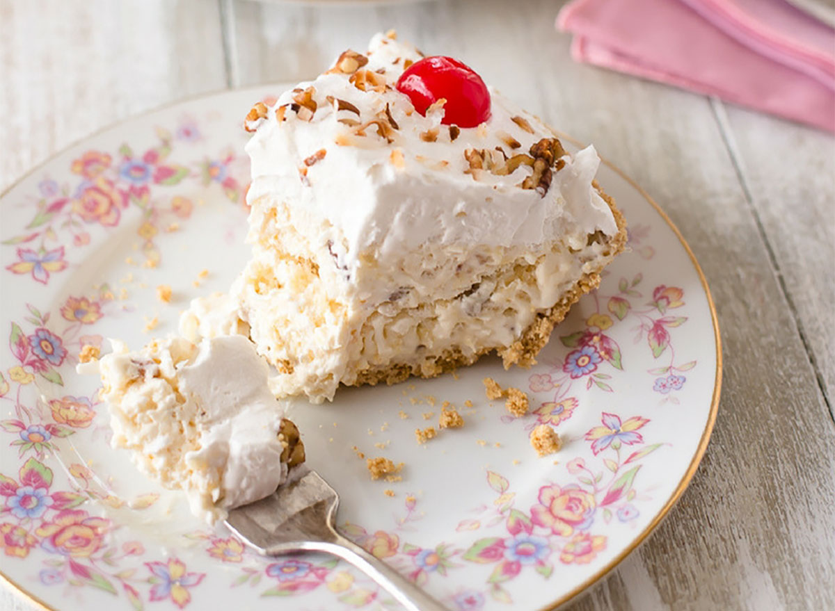 slice of million dollar pie on floral plate