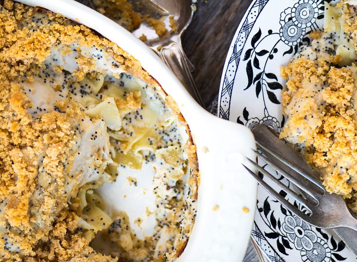 poppy seed chicken casserole in baking dish