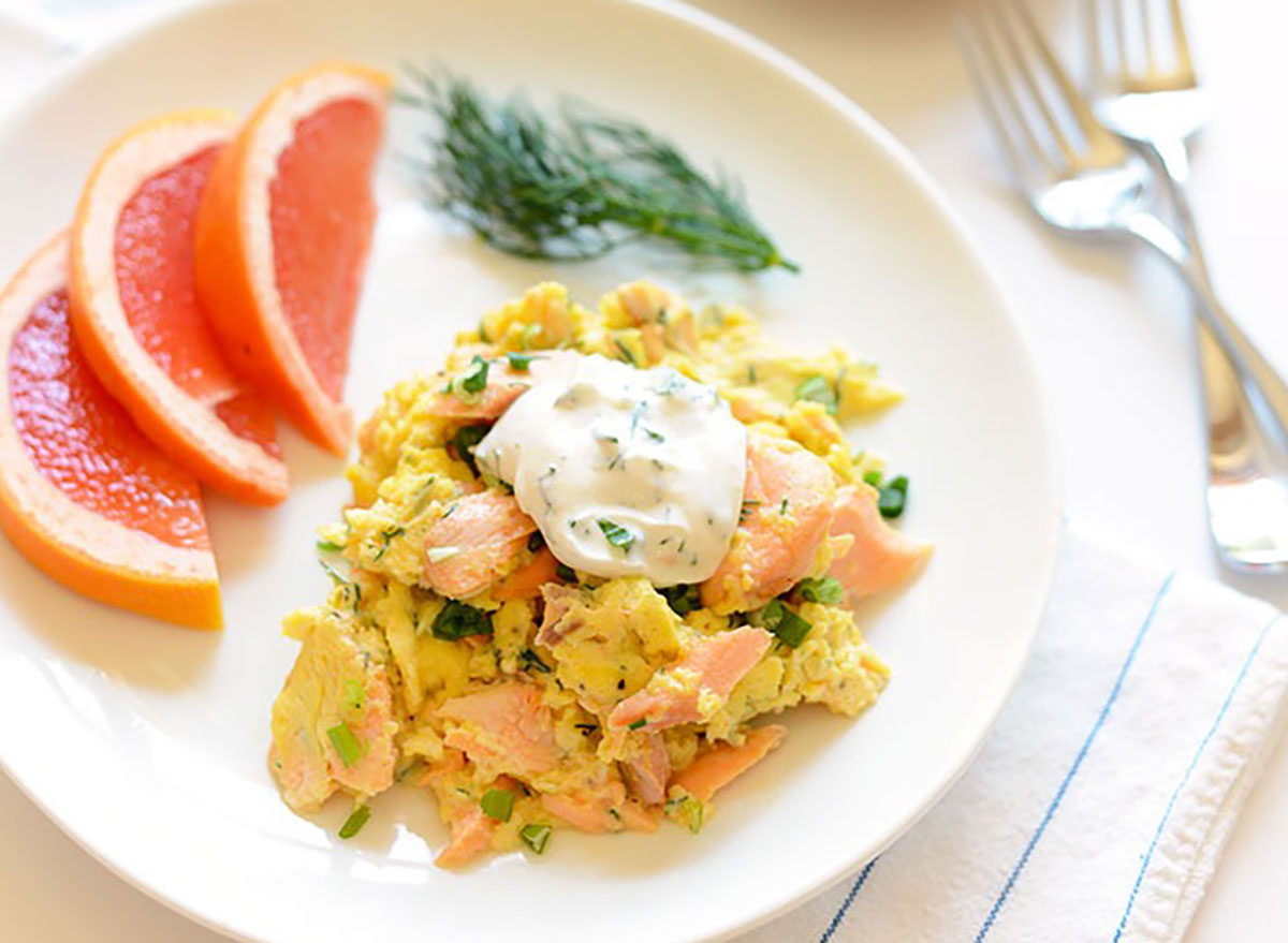 Salmon and egg scramble recipe from Fit Foodie Finds