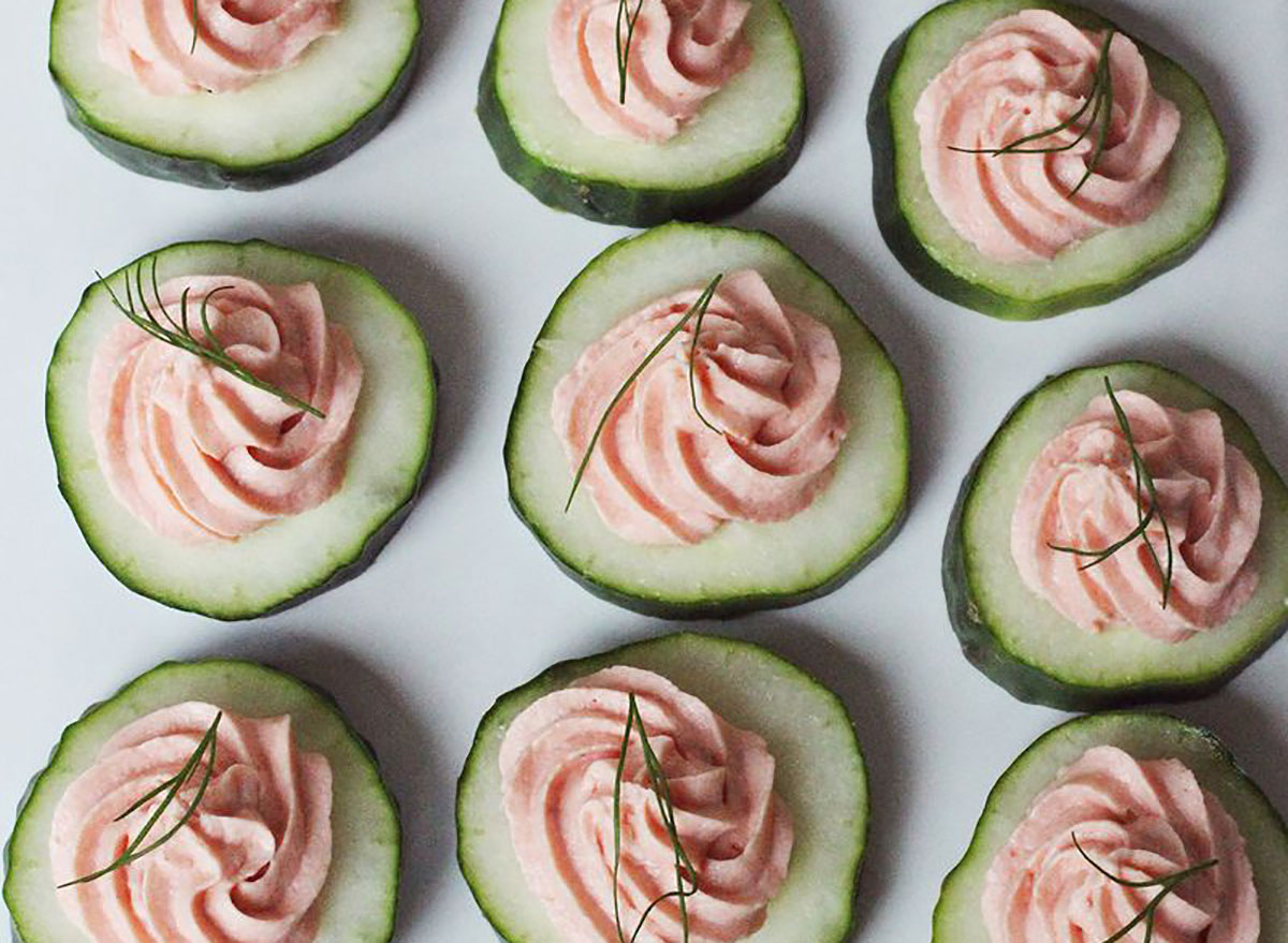 salmon mousse on cucumber slices