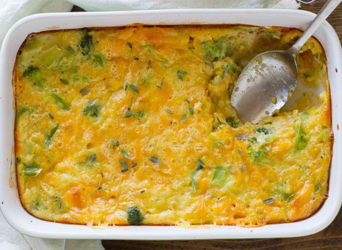 casserole dish with scalloped corn and broccoli