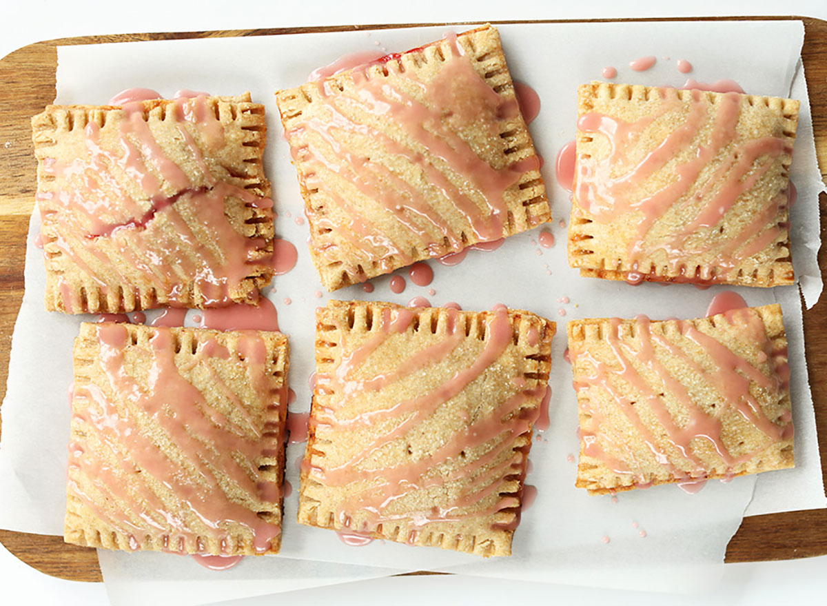 strawberry rhubarb poptarts on baking sheet