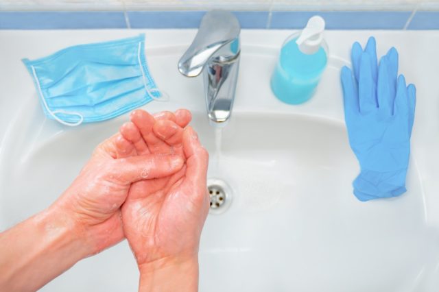 Basic protective measures against new coronavirus. Wash hands, use medical mask and gloves. Avoid touching eyes, nose and mouth. Maintain social distancing. Wash your hands frequently