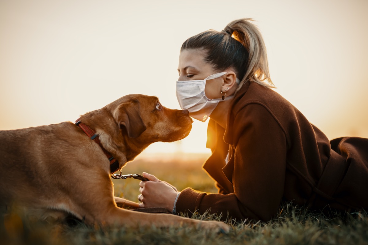 Woman wearing a protective mask is walking alone with a dog outdoors because of the corona virus pandemic covid-19