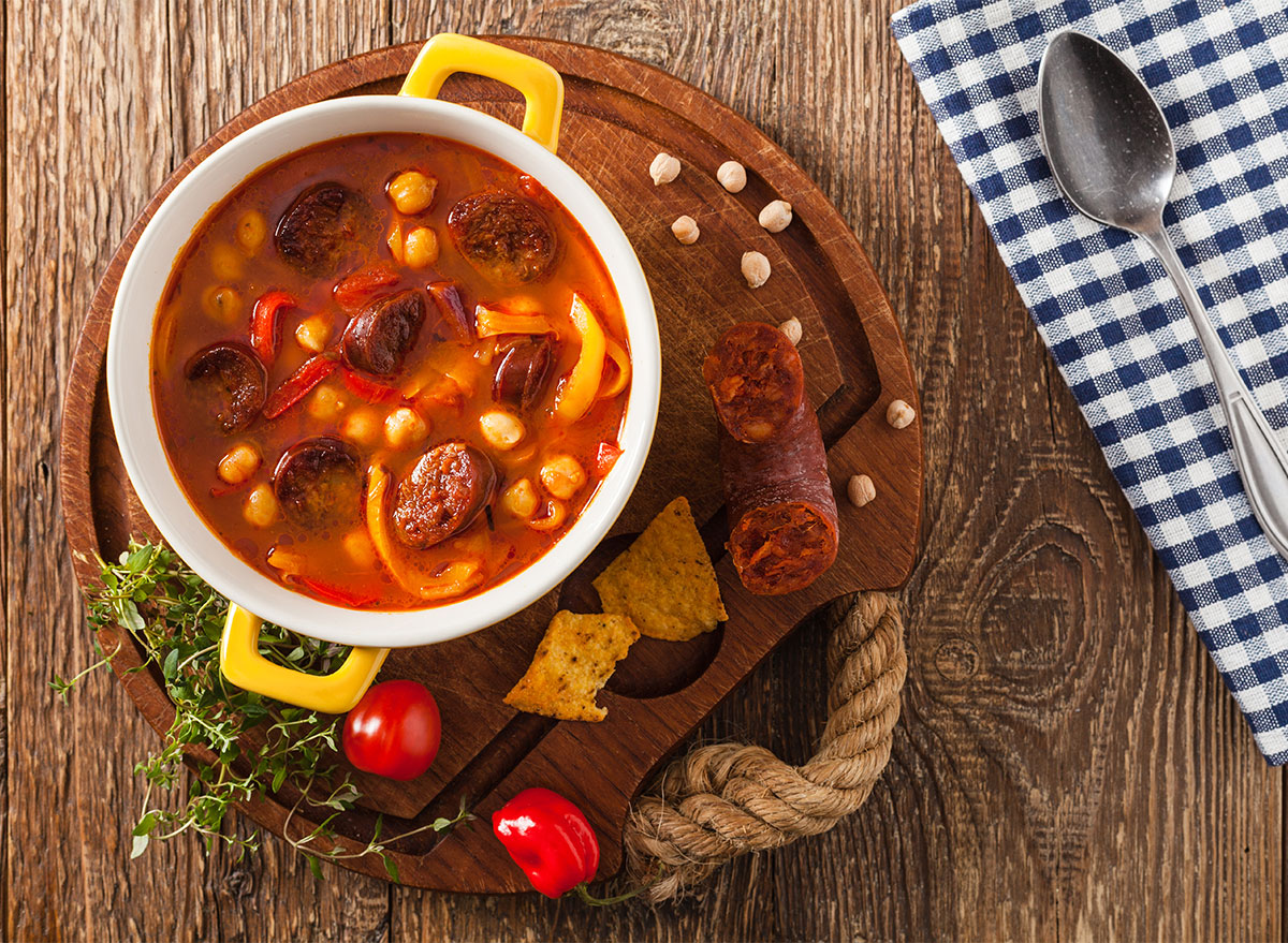 chickpea sausage stew in bowl