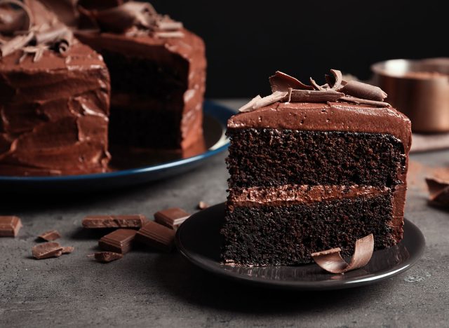 a slice of wet chocolate cake