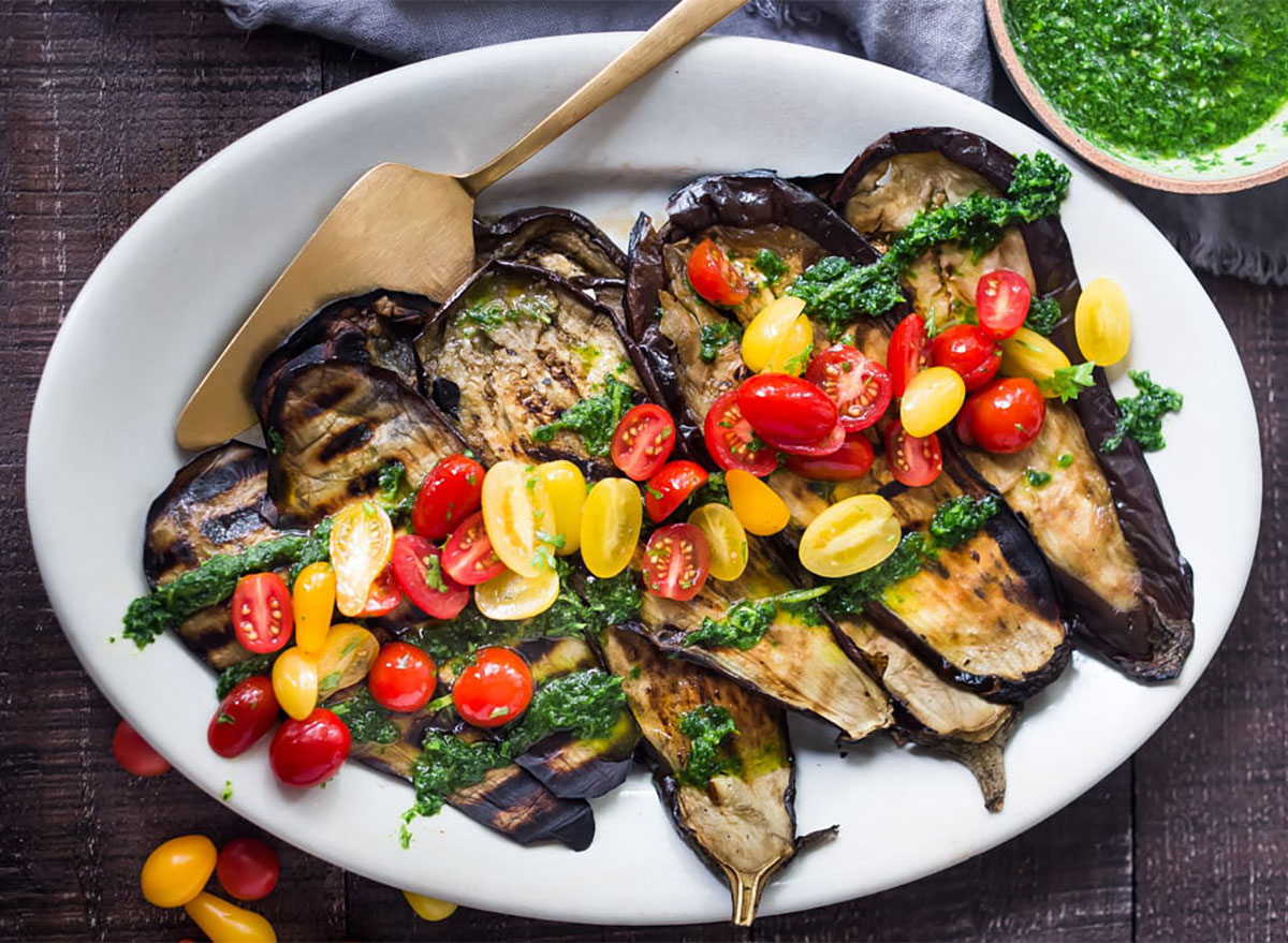 eggplant steaks topped with tomatoes