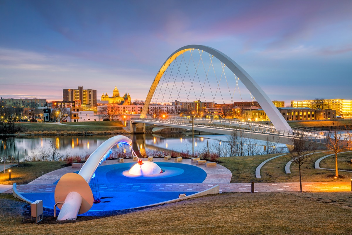 Des Moines Iowa skyline and public park in USA