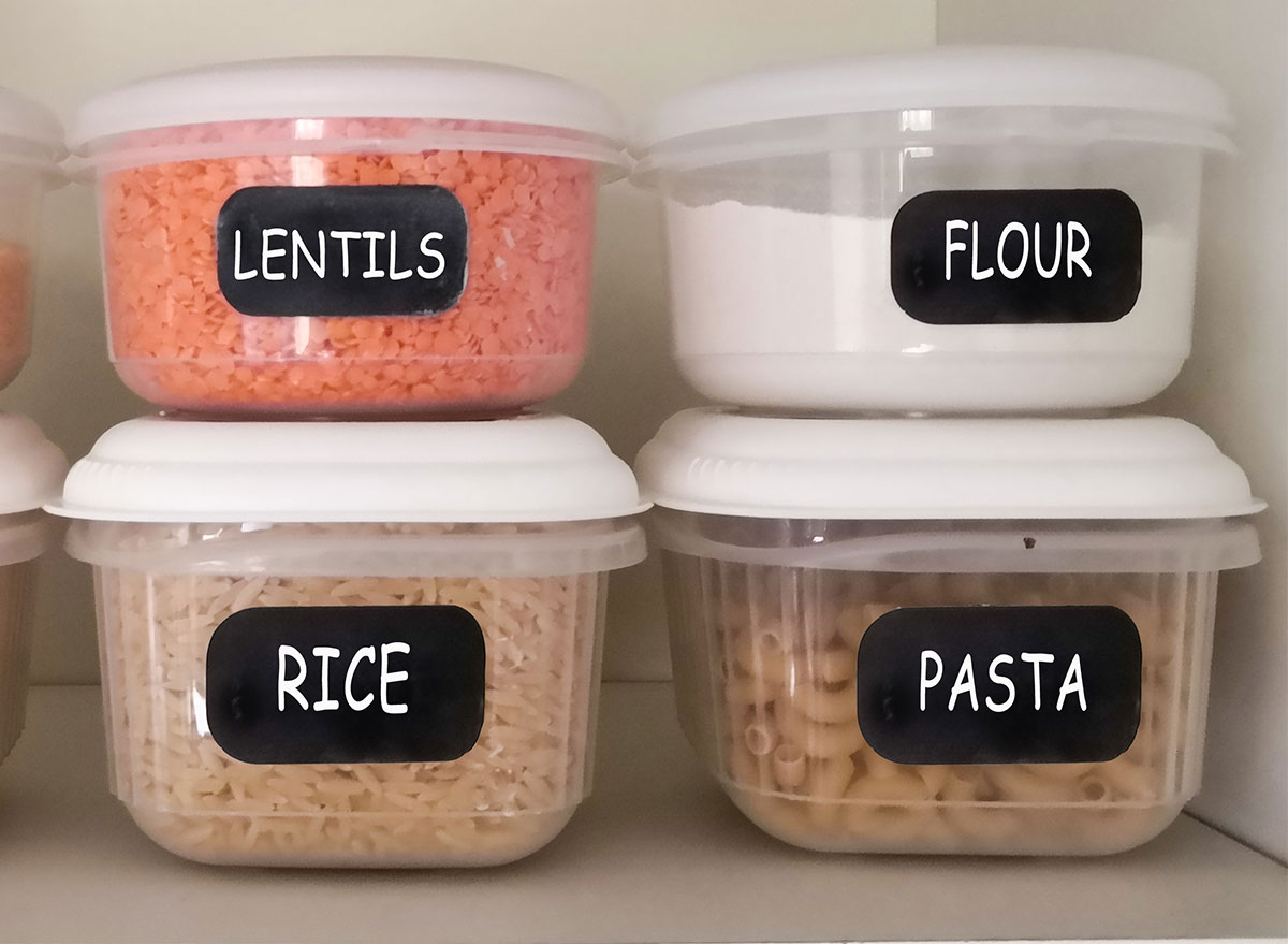 pantry staples rice pasta lentils flour in containers