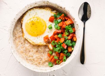 savory oatmeal with fried egg and peppers