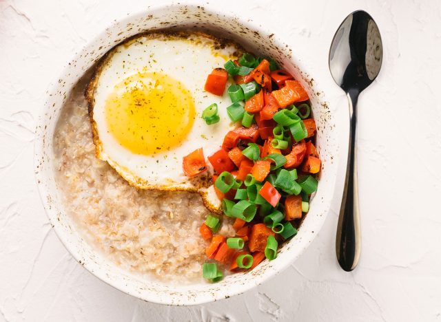 savory oatmeal with fried egg and peppers