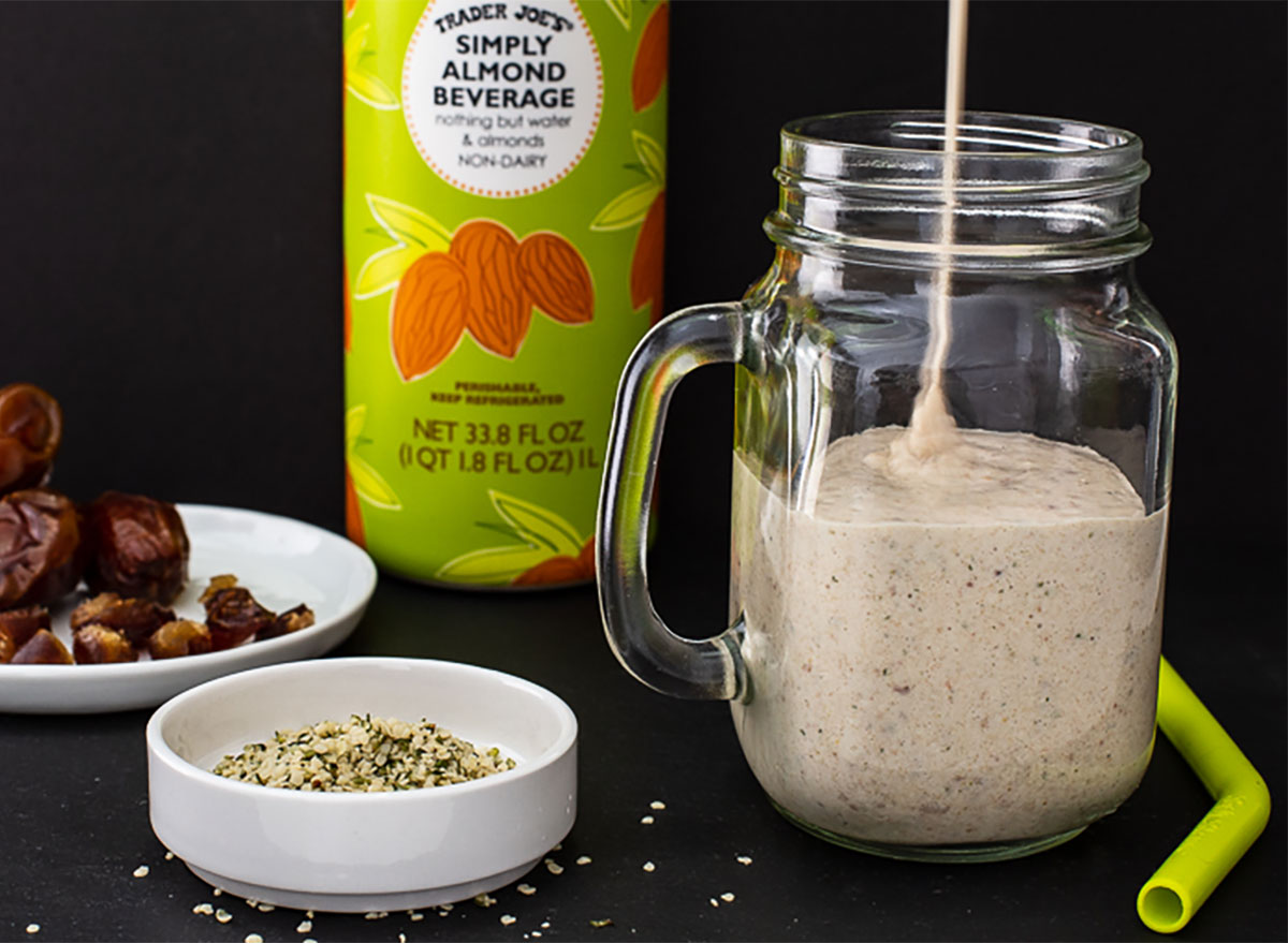 trader joes almond beverage with smoothie in mason jar