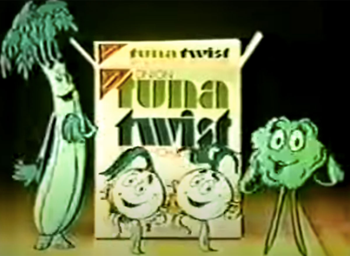 box of tuna twist seasoning with cartoon vegetables 1970s commercial
