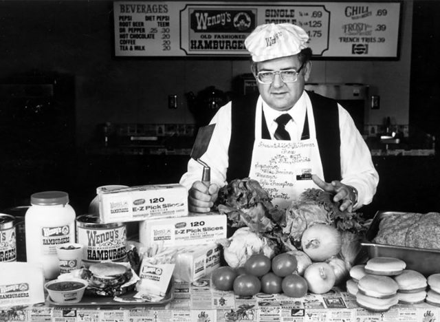 wendys founder dave thomas with burger meat cheese vegetables