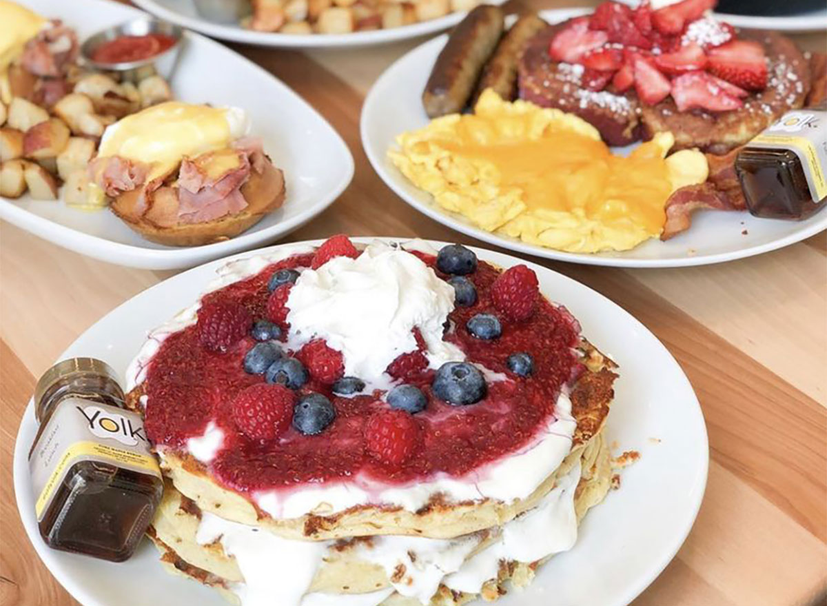 brunch spread with pancakes and eggs